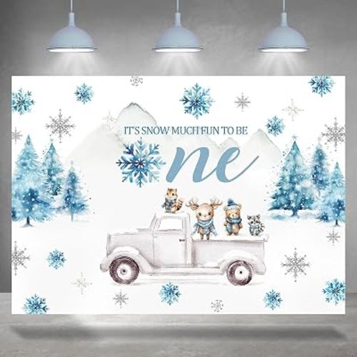 Winter 1st Birthday Backdrop for Boys Truck Animals It's Snow Much Fun to Be One Photography Background First Birthday Party Decoration Supplies Banner Photo Booth Studio Props 7x5ft