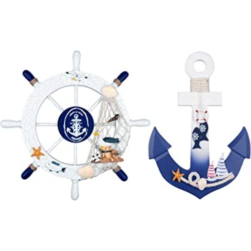 2 Pack 11" Nautical Beach Wooden Ship Wheel and 11" Wooden Anchor with Rope Nautical Boat Steering Wheel Rudder Anchor Wall Art Decor Door Hanging Ornament Beach Theme Home Decoration(White&Blue)