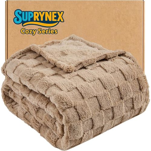330GSM Checkered Fleece Throw Blanket for Couch, Brown, 50"x60"
