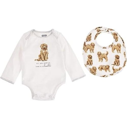 Mud Pie Dog Print Baby Crawler and Bib 2-Piece, Doodle, 0-6 Month