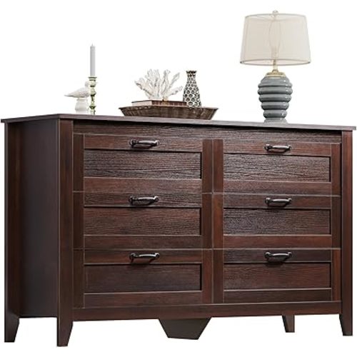 WLIVE Wood Dresser for Bedroom, Double 6 Drawer Dresser with Metal Handle, Large Wooden Chest of Drawers for Living Room, Hallway, Closet, Rustic Brown