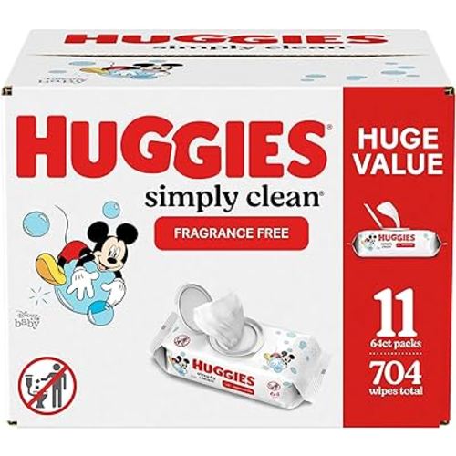Huggies Simply Clean Fragrance-Free Baby Wipes, Unscented Diaper Wipes, 64 Count(Pack of 11) (704 Wipes Total)