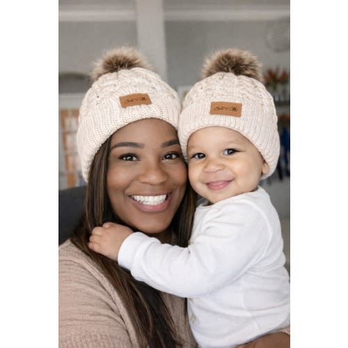 Matching Cable Knit Beanies with Faux Fur Pom | Mommy and Me Hats