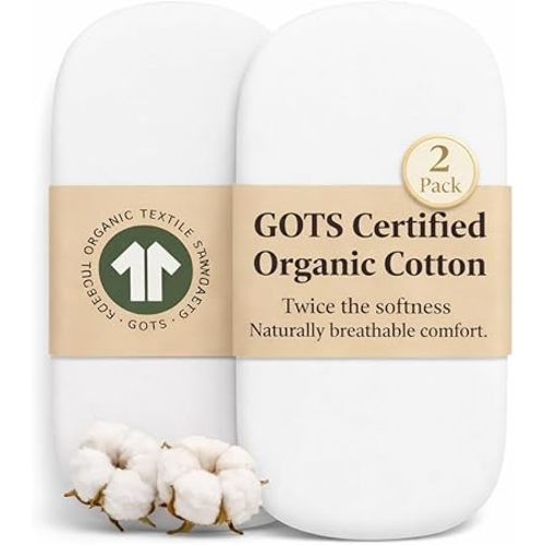 GOTS Organic Bassinet Sheets Compatible with Halo Bassinest Swivel Sleeper, Delta Children Simmons Kids Bassinet, Arms Reach Versatile Oval/Rectangle Pads, Premium Weight Turkish Cotton