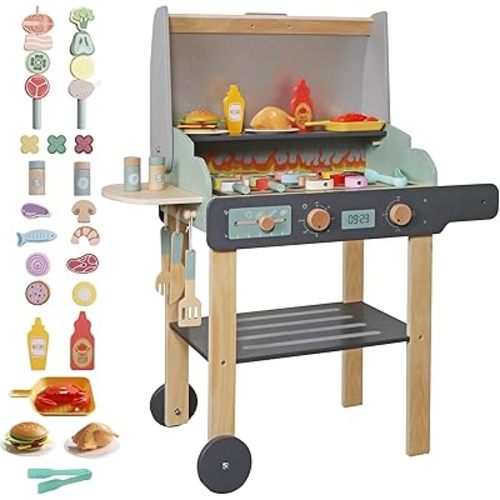 Wooden Play Barbecue Toy Grill, Kids BBQ Playset with Toy Food and Grilling Tools, Cooking Interactive Toys Christmas Birthday Gift for Toddlers Girls Boys 3-6