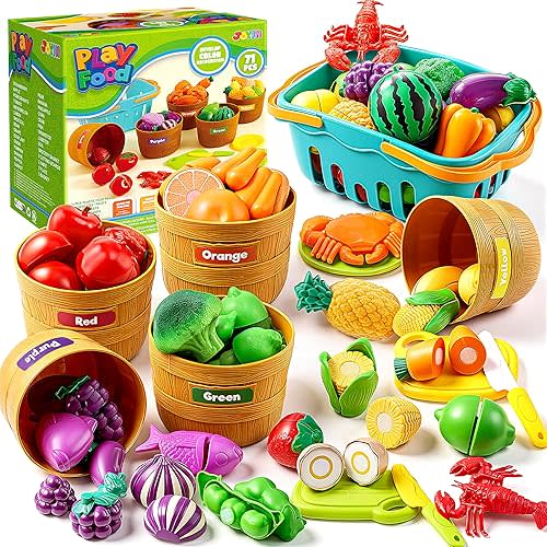 JOYIN Learning Toys Play Food Set for Kids, Cutting Food for Preschool Activities, Play Kitchen Accessories, Educational Toys, Color Sorting Set for Boys & Girls, Back to School Gifts for Kids
