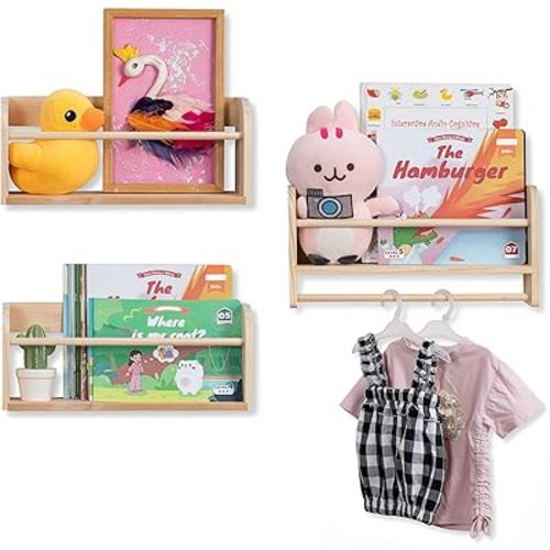 Nursery Book Shelves for Wall: Solid Pine Wood Wall Mounted Bookcase with Anti-Drop Bar for Kids' Room Easy Installation with Back Panel (Natural)