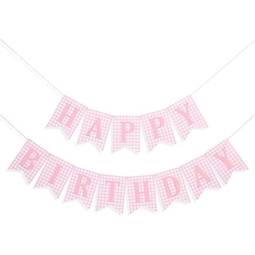Pink Gingham Happy Birthday Banner - Pink and White Birthday Decorations for Girls, Happy 1st Bday Banner, Pimk Theme Bday Background