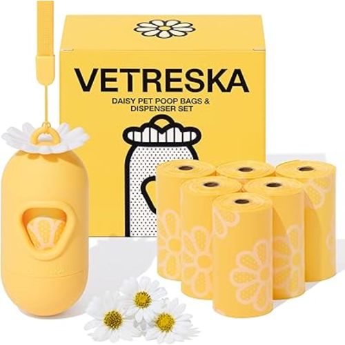 VETRESKA Dog Poop Bag Dispenser with Daisy Scented Waste Bags Leak-proof and Extra Thick Poop Bags for Dog Walking and Cat Litter 1 Holder and 105 Bags (7 Refill Rolls)