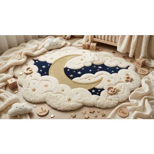Hand Tufted Nursery Rug Scalloped Cloud Moon Kids Room Carpet 8x10 ft 5x8 ft 6x9 Large Wool Area Rugs Unique Shaped Cute Baby Shower Gifts