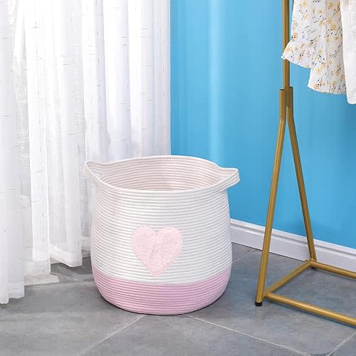 Large Cotton Rope Basket, Woven Storage Basket for Toy, Laundry and Blanket Organizer Basket, Round Hamper Basket with Handles for Kid's Room 17.7"x16.9"