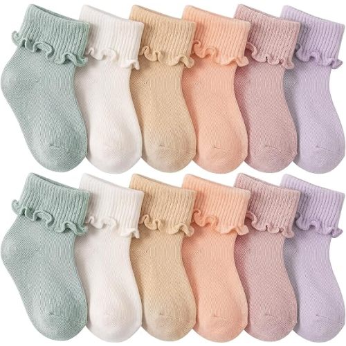 Toulite 12 Pairs Preemie Newborn Baby Ankle Socks Ruffle Turn Cuff Cotton Non-slip Warm Socks for Girls and Boys Infant
