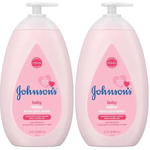 Johnson's Moisturizing Mild Pink Baby Lotion with Coconut Oil for Delicate Baby Skin, Paraben-, Phthalate- & Dye-Free, Hypoallergenic & Dermatologist-Tested, Baby Skin Care, 27.1 Fl. Oz (Pack of 2)