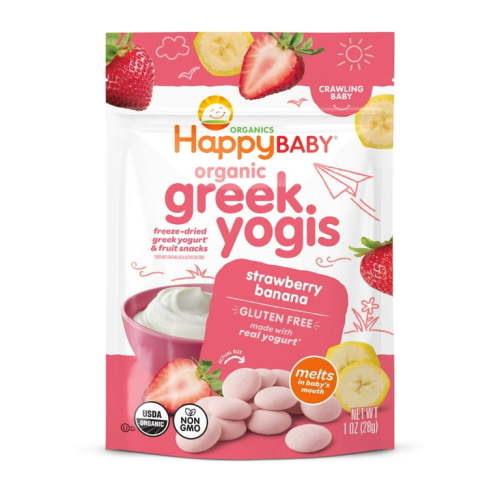 Happy Baby Organics Greek Yogis, Strawberry Banana & Greek Yogurt Organic Freeze-Dried Baby Snack, 1 oz Bag (Pack of 8)