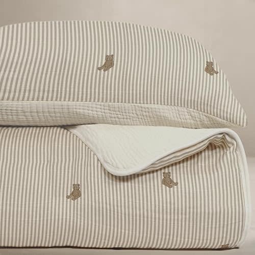 Oilo Bear Crib Bedding Set, 5-Layer Organic Cotton Muslin Crib Quilt & Sham, Teddy Bear Nursery, Toddler Comforter 45x60, Reversible, Neutral