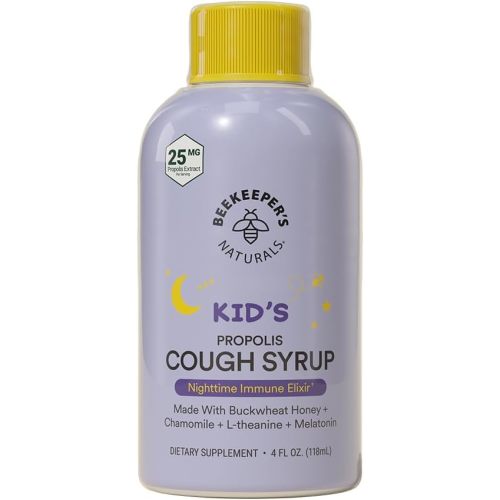 Beekeeper's Naturals Propolis Honey Cough Syrup Nighttime for Kids Immune Support with Propolis, Elderberry & Raw Honey - Sleep Support with Chamomile & L-Theanine - Gluten Free, 4 oz.