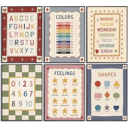 6Pcs Educational Nursery Canvas Wall Art, Kids Learning Alphabet Painting Picture Wall Decor, Preschool Numbers Poster Print Artwork for Children Room, Kindergarten, Home Decoration 8x10in Unframed