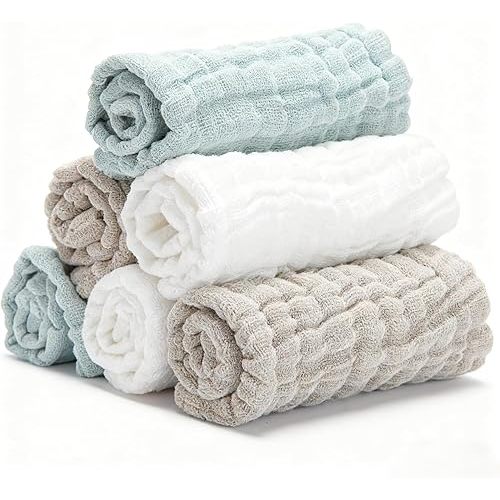 Organic Muslin Baby Washcloths 6 Pack Baby Bath Face Towel 12x12 Inch Extra Absorbent and Soft Burp Cloth and Wash Cloths for Newborn-Infants On Sensitive Skin (White Green Brown)