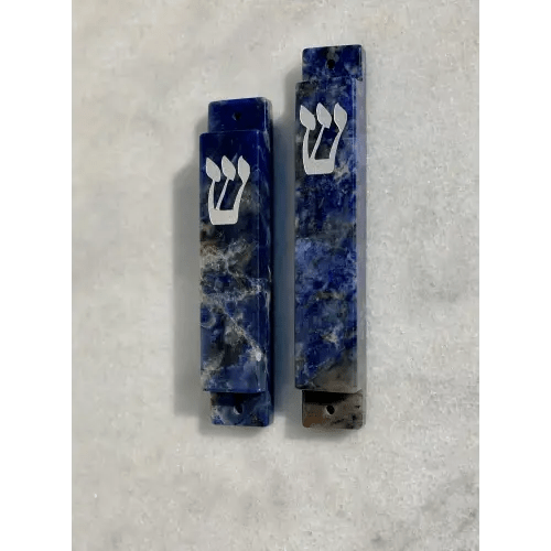 Blue Sodalite Stone Mezuzah with Silver Shin- LARGE