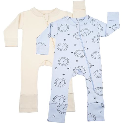 N-E-S, 100% Organic Cotton, Baby Girls Boys, Convertible Footie, Onepiece, 2 Way Zipper, Mitten Cuffs Feet, Newborn to 12M - 6 Months - Multicolor