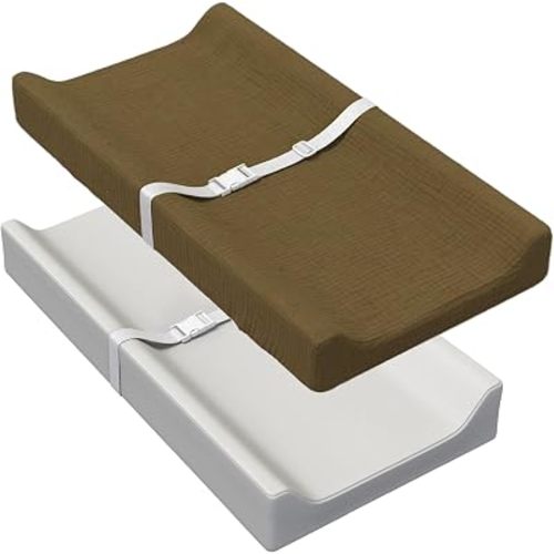 Vegan Leather Changing Pad for Baby, Waterproof Wipeable Baby Changing Pad with Soft Olive Removable Muslin Cover, Diaper Changing Pad for Dresser Top, Comfortable Changing Table Pads, 31" x 16"