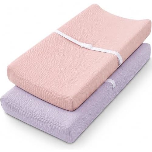 Pro Goleem Muslin Changing Pad Cover for Girls, Soft Breathable Fitted Cotton Diaper Changing Table Pad Sheets, 2 Pack (Pink＆Purple)