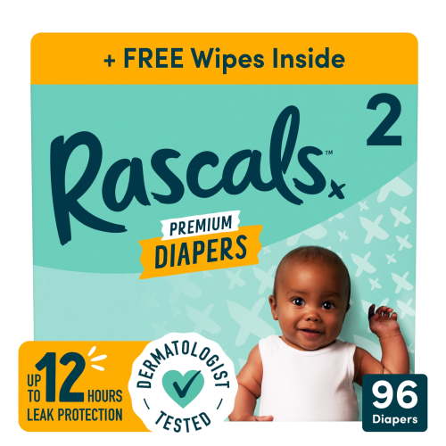 Rascals Premium Absorbent Baby Diapers Size 2, 96 Count, with 5 Sensitive Infant Wipes