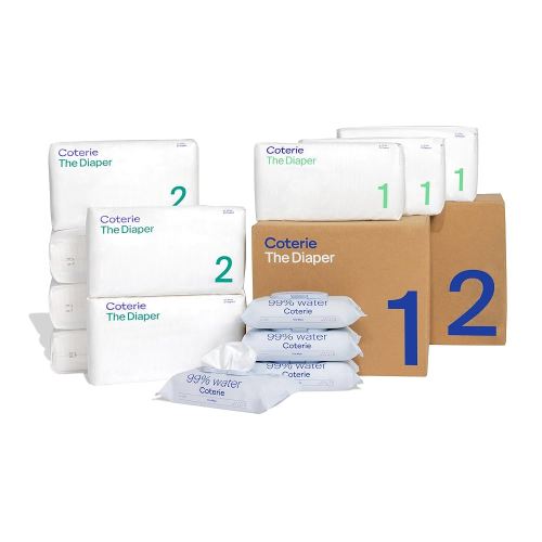 Coterie Baby Wipes + Diapers Kit, Size 1 (99 Count) & Size 2 Diapers (186 Count), 4 Pack (224) Baby Wipes with 99% Water, Plant Based Materials, Hypoallergenic for Sensitive Skin