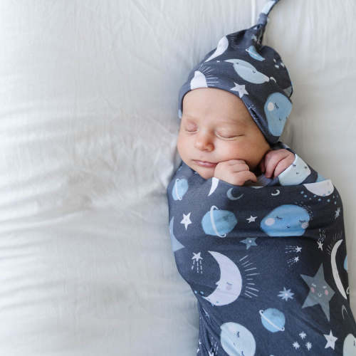 Blue To The Moon & Back Swaddle & Hat Set - Little Sleepies