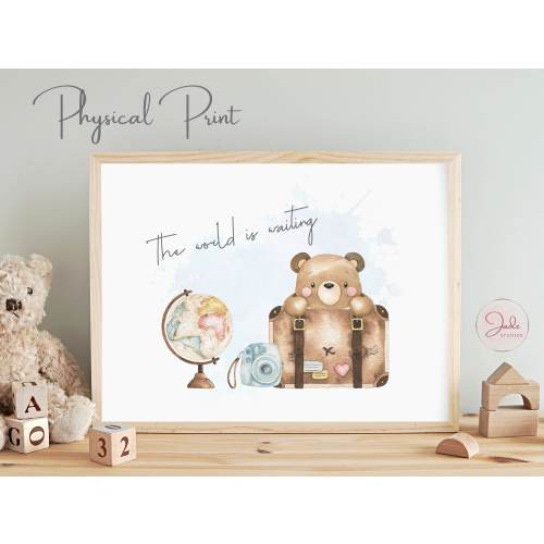 Travel Nursery Prints, Kids Travel Prints, New Baby Gifts, Bear Sitting on Suitcase, The World is Waiting