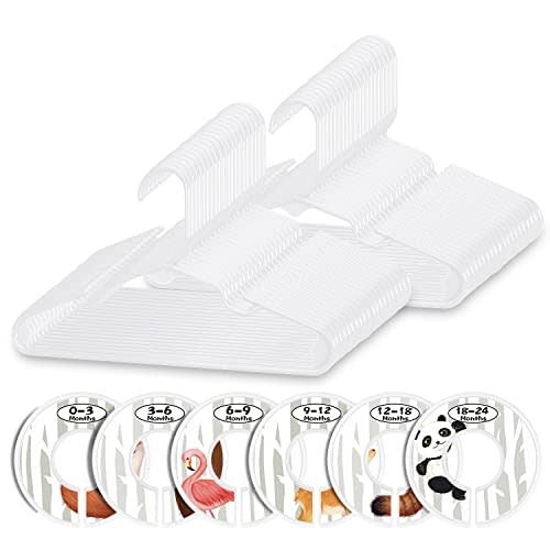 Minnebaby Plastic Baby Hangers 60 Pack, Ultra Thin No Slip Infant Nursery Clothes Hangers with 6 Pcs Cute Clothing Dividers for Boys & Girls Closet Organizer, White Kids Hangers