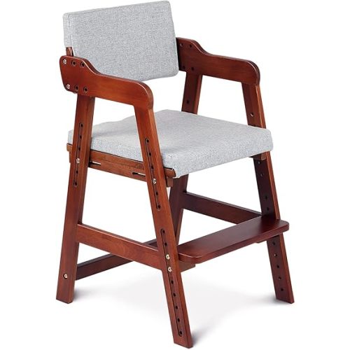Ezebaby Wooden High Chair for Toddlers to Teens Adjustable Kids Learning Chair with Steps, Child Seats with Removable Cushions (Nut-Brown)