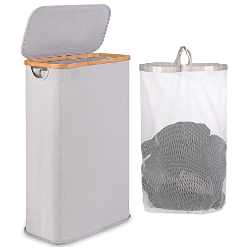 65L Slim Laundry Hamper, Narrow Laundry Basket with Lid,Foldable Clothes Hamper with Bamboo Handles,Hamper Basket with Removable Inner Bag for Laundry Room Bedroom College Dorm,17.17 Gals(Light Grey)