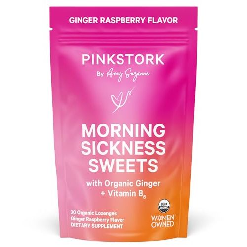 Pink Stork Morning Sickness Sweets, Organic Raspberry Ginger Candy with Vitamin B6, Support for Motion Sickness, Prenatal Heartburn - Pregnancy Must Haves - 30 Wrapped Drops