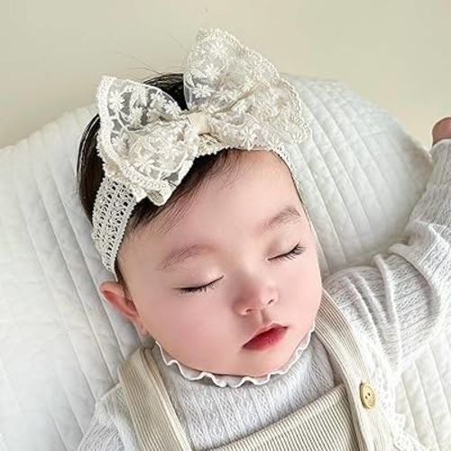 Lace White Bow-knot Baby Girls Headband Birthday Shower Infant Wrap Elastic Flower Baby Turban Hairband for Newborn Infant Toddler Kids (Ivory A, Elastic)