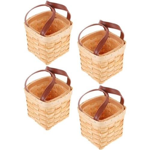 4pcs Small Natural Fiber Basket with Leather Handles, Yellow Woven