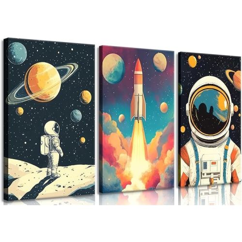 lkjhgf999 3 Pcs Space Canvas Wall Art Nursery Space Astronauts Kid Painting Pictures Wall Decor Explore Dream Galaxy Canvas Prints Artwork for Boys Room Girls Room Kids Room Decoration