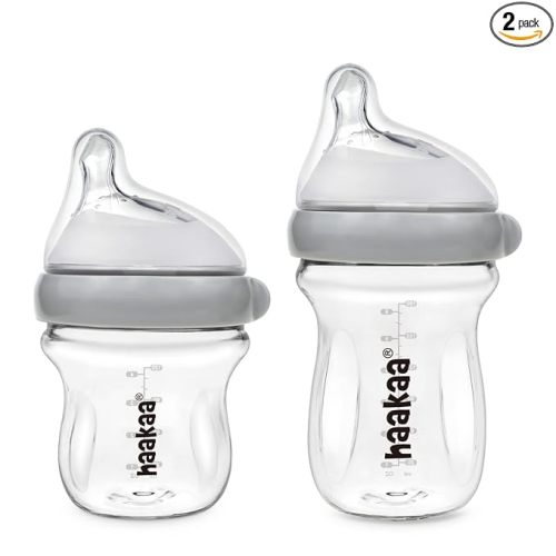 haakaa Glass Baby Bottle Set 4.2oz & 6oz - Flow Nipple, 0M+ 3M+ 6M+