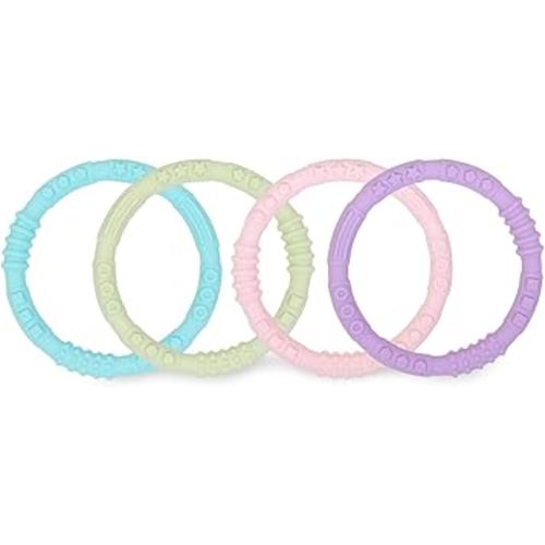 Bumkins Baby Teething Freezer Toy Keys Rings, Soft Flexible Pacifier to Chew, Cool Teether Gum Relief, Babies 3 Months, Freezable, Platinum Cured Silicone, Sensory Bracelet, 4-pk Pastels