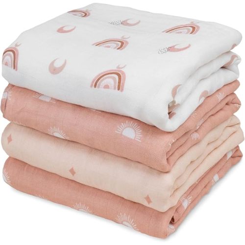 GLLQUEN BABY Muslin Swaddle Blankets 4-Pack Breathable Receiving Blankets (35" x 40") Soft Baby Blankets for Girls and Boys Newborn Essentials Muslin Burp Cloths Swaddle Wrap Baby Gift (Sun)