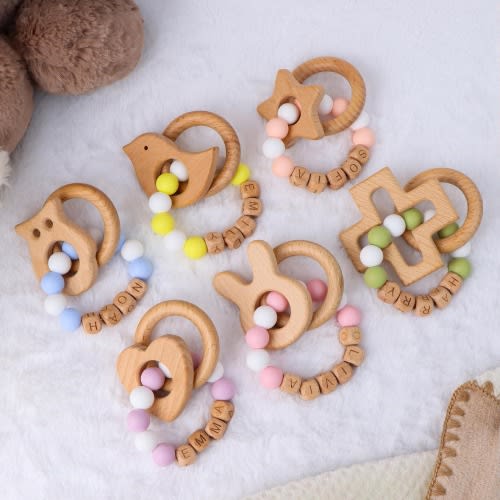 Personalized Baby Sensory Ring Toy | Custom Name with Wooden Alphabet & Silicone | Interactive Activity Ring