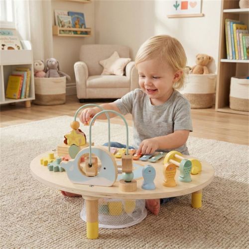7 in 1 Wooden Baby Activity Table, Musical Sensory Learning Toy with Xylophone, Bead Maze and Shape Sorter for Toddlers