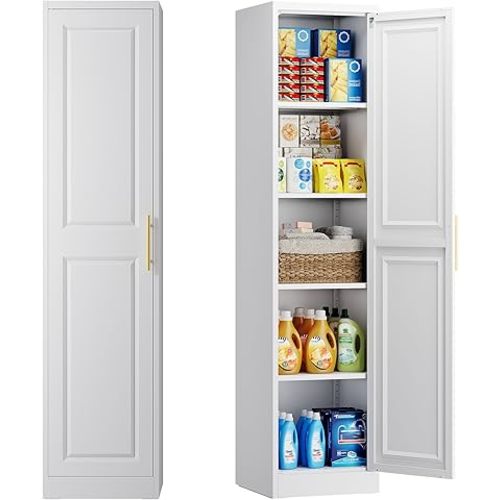 71''Tall Narrow Storage Cabinet Metal Bathroom Cabinet with Doors and 4 Adjustable Shelves, Slim Pantry Cabinets Cupboard for Small Space, Apartment, Bathroom, Kitchen, Laundry (White)