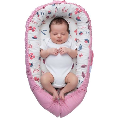 TKC Baby Lounger 0-24 Months | Adjustable Infant Lounger | Breathable Organic Cotton Cover | Reversible Floral Pattern | Includes Matching Swaddle Blanket | Portable Baby Nest