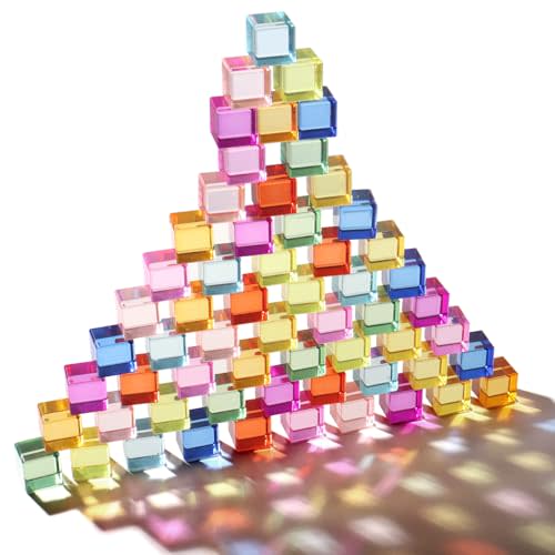 Dinhon 60 Pcs Acrylic Blocks for Toddler - 10 Colors Rainbow Gem Blocks, 2.5x2.5cm Crystal Cubes Stacking Rainbow Toy for Kids 1-5 Years Old, Light Table Blocks Birthday Gift
