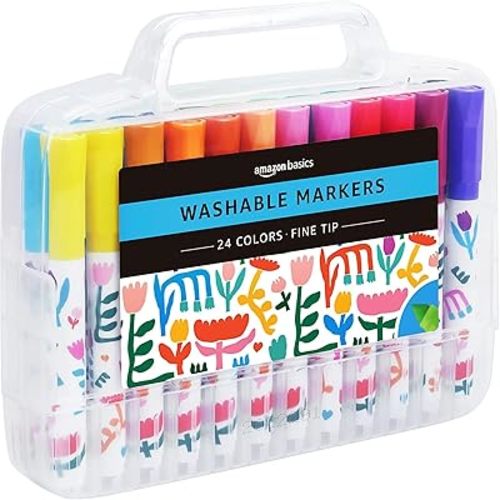 Amazon Basics Washable Markers for Kids, Fine Tip Assorted Colors, Non-Toxic Drawing and Coloring School Supplies Set, Pack of 24