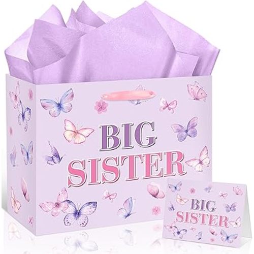 Big Sister Gift Bag for Girls, Butterfly Theme Big Sister Gift Bag with Tissue Paper and Greeting Card Light Purple Wrapping Paper Cute New Sister Party Decoration for Little Girl Birthday Party Supplies