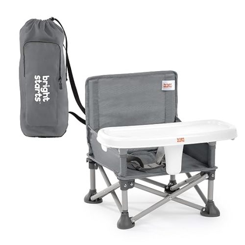 Bright Starts Pop ‘N Sit Portable Booster Seat, 3-in-1 Floor Seat, Travel High Chair & Toddler Booster with Feeding Tray, Indoor/Outdoor, Grey, 6 Months–3 Years