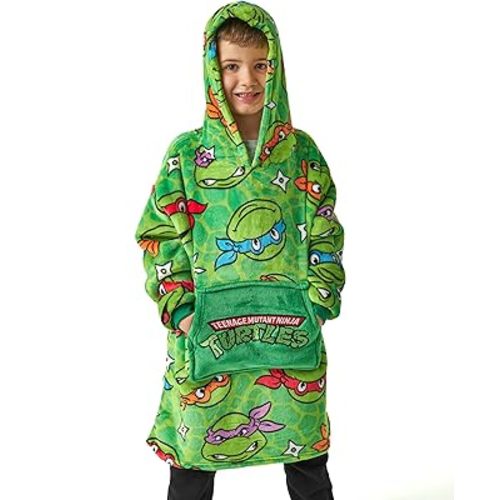 Teenage Mutant Ninja Turtles Boys Wearable Hooded Blanket | Green All Over Print Fleece Hoodie | Pullover Cartoon Loungewear