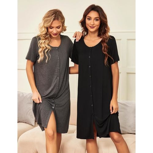 Ekouaer 2 Pack Nightgowns for Women Button Down Night Shirts Short Sleeve Sleep Shirts V Neck Sleepwear Pajama Dress